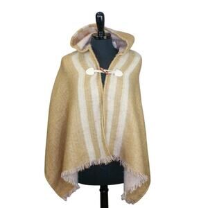 NWT Tahari Soft Hooded Cape Tan Beige White Stripes Boho Cozy Cabin OS